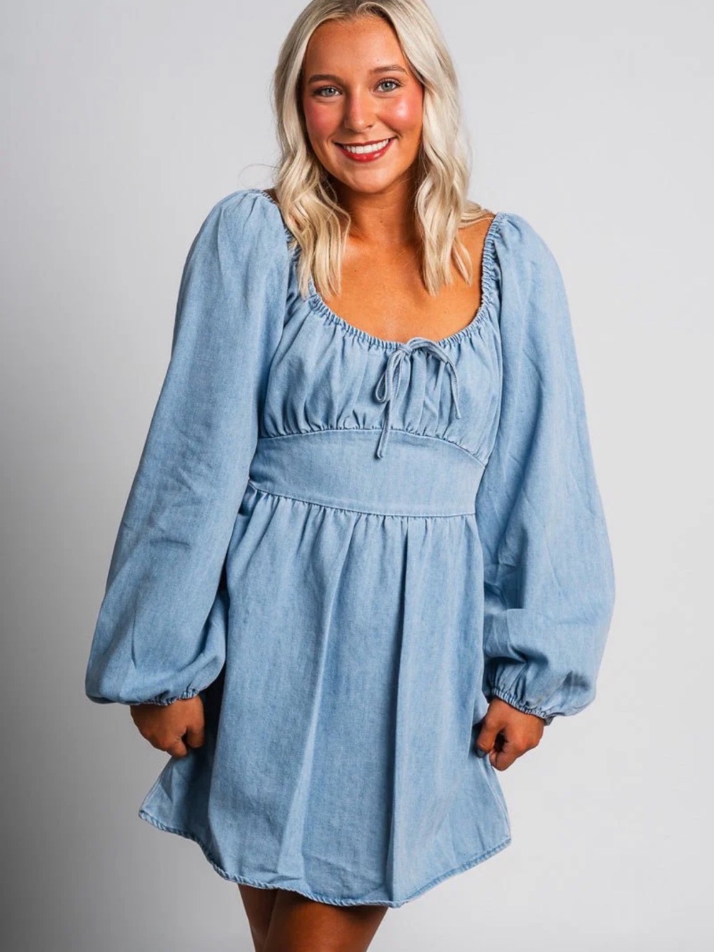 Le Lis Light Blue Denim Puff-Sleeve Mini Dress